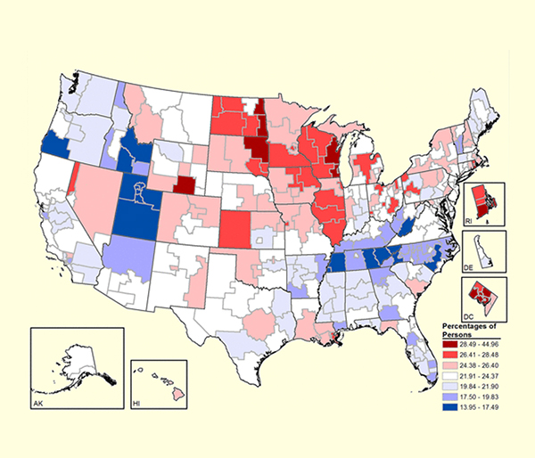 Map of the United States showing Binge alcohol use in the past month among individuals ages 12 to 20, by substate region in the United States. Note: For substate region definitions, see the 2012–2014 NSDUH, substate region definitions at www.samhsa.gov/data. Source: SAMHSA, Center for Behavioral Health Statistics and Quality, 2012, 2013, and 2014 NSDUH.
