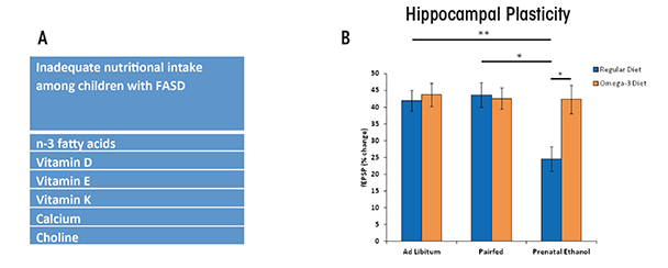 (A) Many children with fetal alcohol spectrum disorder (FASD) are not consuming adequate or recommended levels of nutrients (Fuglestad et al. 2013). (B) Rodent models have shown that postnatal supplementation with various nutrients