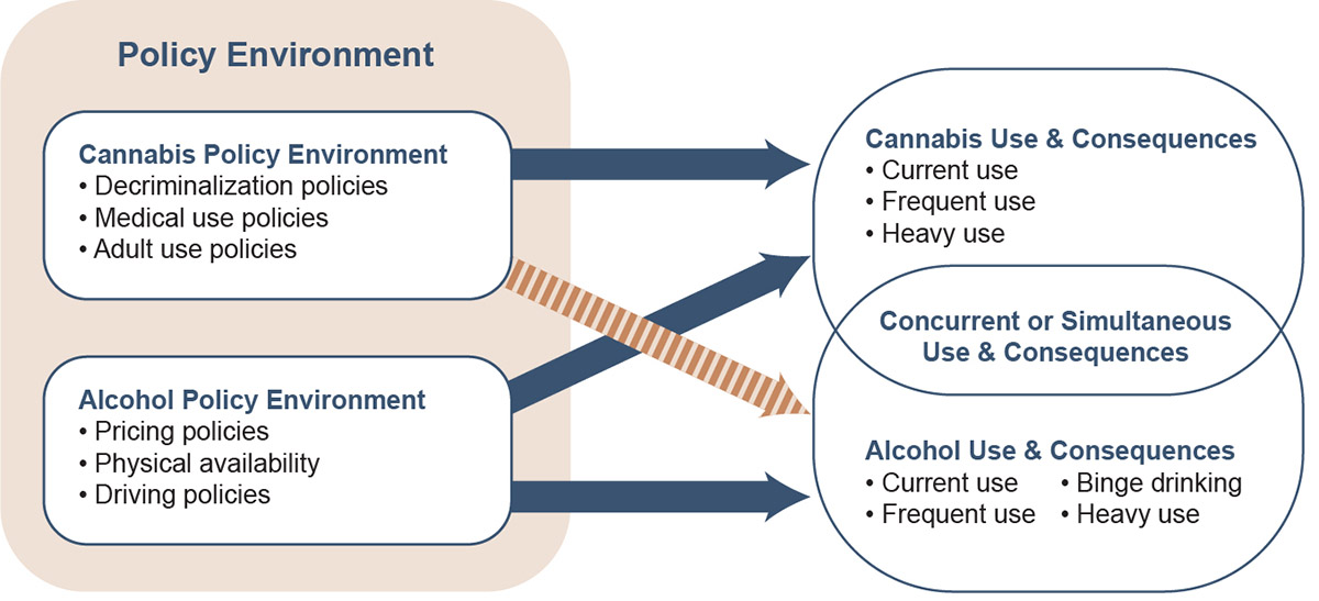 Figure 1 shows the relationship between cannabis and alcohol policy and use. Solid arrows represent existing relationships, with the orange striped arrow representing the relationship addressed in this review, which is the effect of cannabis policies on alcohol use as well as simultaneous cannabis and alcohol use and their consequences.