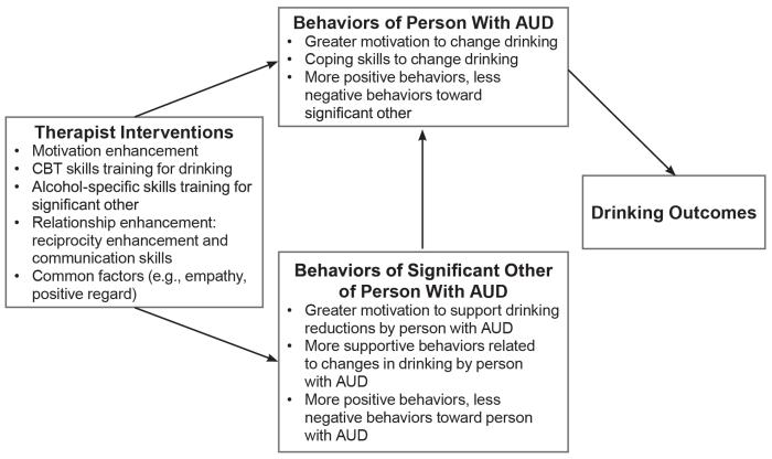Hypothesized mechanisms of change in Alcohol Behavioral Couple Therapy. Note: AUD, alcohol use disorder; CBT, cognitive behavioral therapy.