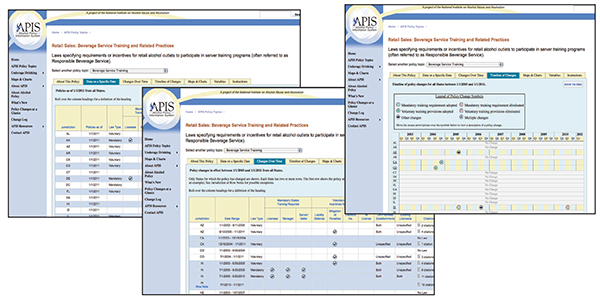 The APIS Web site (www.alcohol policy.niaaa.nih.gov) features three basic displays