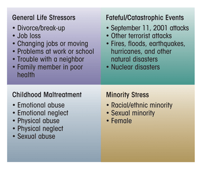 General Life Stressors: divorce/break-up; job loss; changing jobs or moving; problems at work or school; trouble with a neighbor; family member in poor healh.  Fateful/Catastrophic Events: September 11, 2001 attacks; other terrorist attacks, fires, floods, earthquakes, hurricanes, and other natural disasters; nuclear disasters.  Childhood Maltreatment: emotional abuse; emotional neglect; physical abuse; physical neglect; sexual abuse.  Minority Stress: racial/ethnic minority; sexual minority; female.