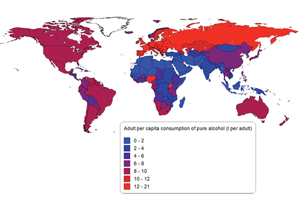 Figure 1 Adult per capita consumption of pure alcohol by country in 2005.