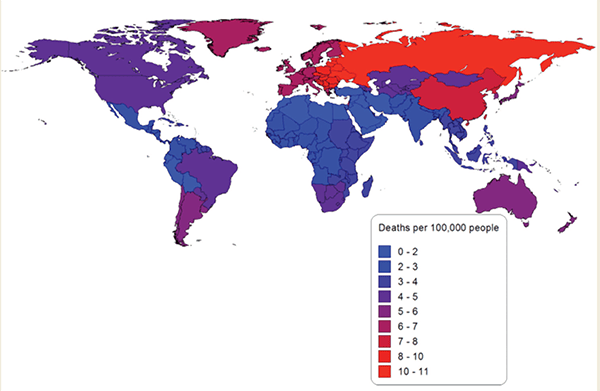Figure 2 Alcohol-attributable cancer deaths per 100,000 people in 2010 by global-burden-of-disease region. 