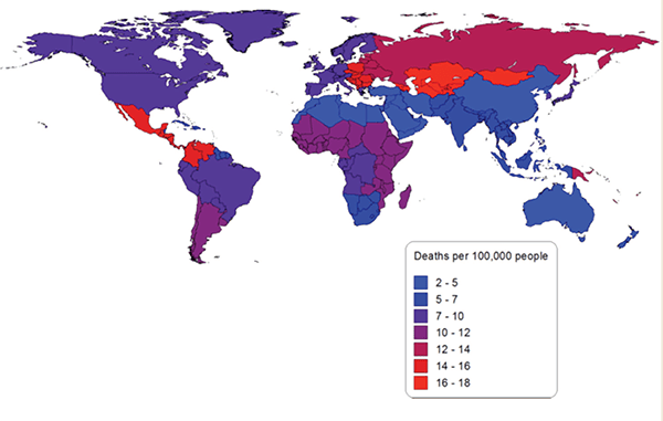 Figure 3 Alcohol-attributable liver cirrhosis deaths per 100,000 people in 2010 by global-burden-of-disease region. 