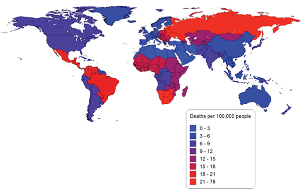 Figure 4 Alcohol-attributable injury deaths per 100,000 people in 2010 by global-burden-of-disease region.