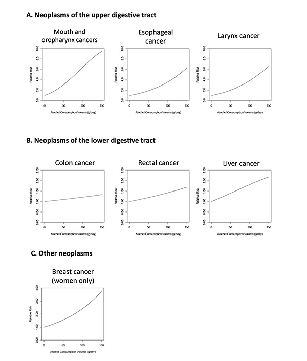 The relationship between increasing amounts of average daily alcohol consumption and the relative risk for cancer, with lifetime abstainers serving as the reference group. 