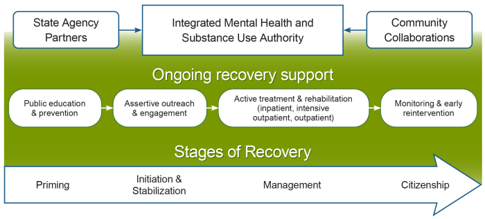 Recovery-oriented system of care. An integrated mental health and substance use authority provides care throughout the stages of recovery, beginning with public education, prevention, and mental health promotion. For those who do not seek care on their own, assertive outreach and engagement efforts provide outreach to people in distress or need, wherever they are. Active treatment and rehabilitation are supported with recovery support services, which helps to increase service engagement and effectiveness. 