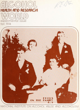 Alcohol Health and Research World cover for the fall 1974 experimental issue. Focus on the family. Two men and two women are seated as a family. National Institute of Alcohol Abuse and Alcoholism.