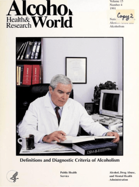 Alcohol Health & Research World cover for Volume 15, Number 4. A man in a white coat sits at his desk reading a medical textbook. Definitions and Diagnostic Criteria of Alcoholism.