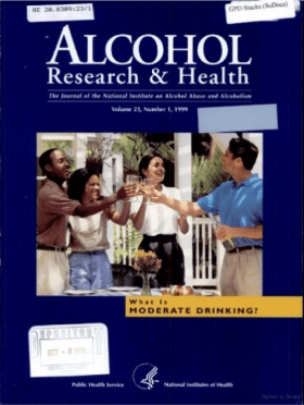 Alcohol Research & Health cover for Volume 21, Number 1. What is moderate drinking? A group of people toasting with beverages.