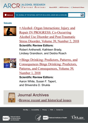 A depiction of the Alcohol Research: Current Reviews website in 2020 with a navigation panel and search bar. Articles on alcohol-organ interactions and binge drinking are featured. A link guiding users to journal archives with a card catalog drawer.